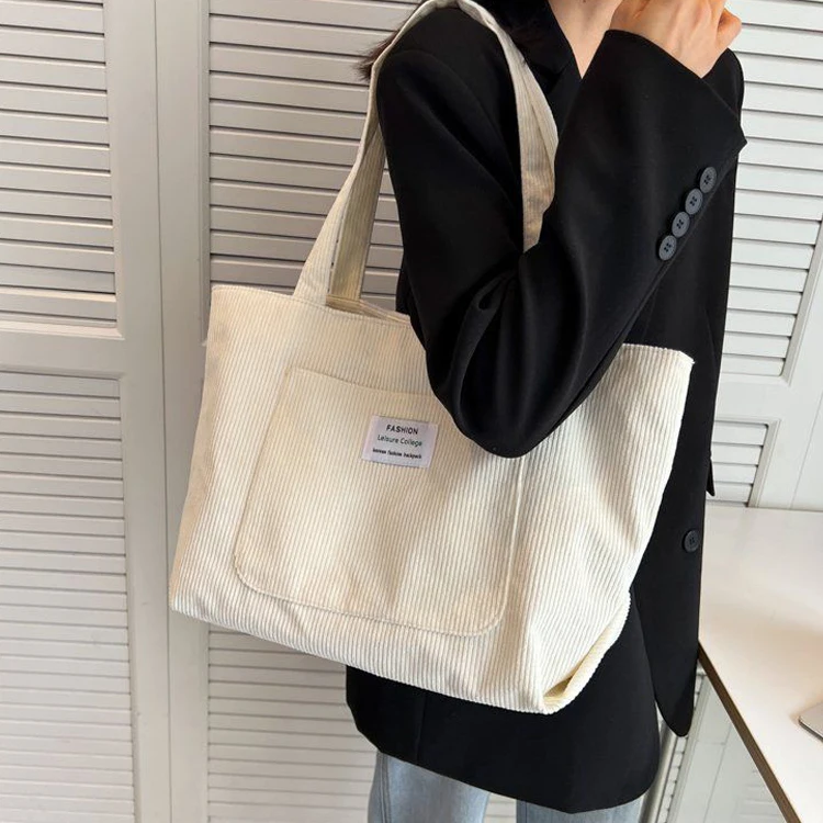 Eco Friendly Reusable Girls Small Large Shopper Corduroy Totes Shoulder Bags With Custom Printed Logo