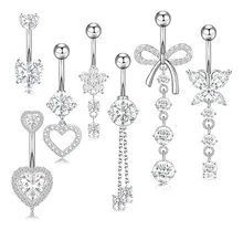 7 Pcs Belly Button Ring for Women Hypoallergenic Stainless Steel Dangling Belly Rings Butterfly Heart CZ Navel Piercings Pack