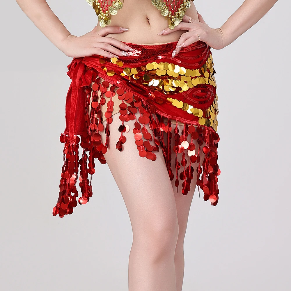 Boho Hip Scarf for Women Girls Multilayer Belly Dance Performance Skirt Tassel Sequins Printed Design Free Size for Halloween