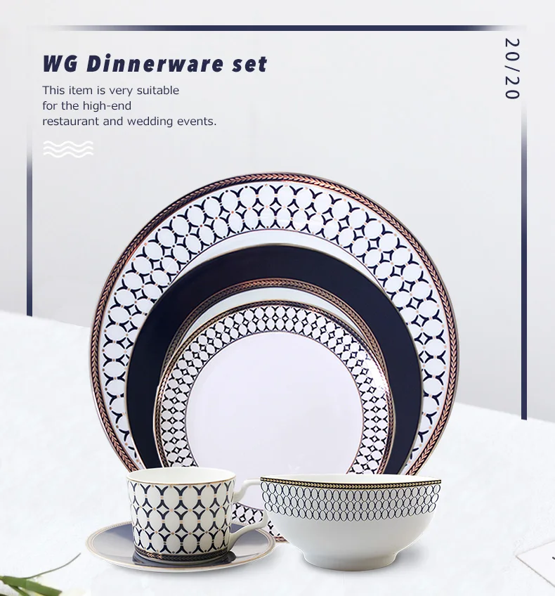Wholesale Bone China Dinnerware Set Home Ware Navy Blue Restaurant
