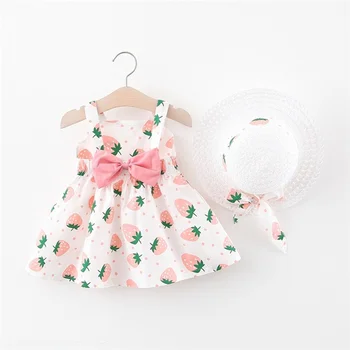 Strawberry Prints Baby Dresses Summer Sleeveless Bow Decoration Baby Girl Dress Cute One Piece Sleeveless Kids Clothing Boutique