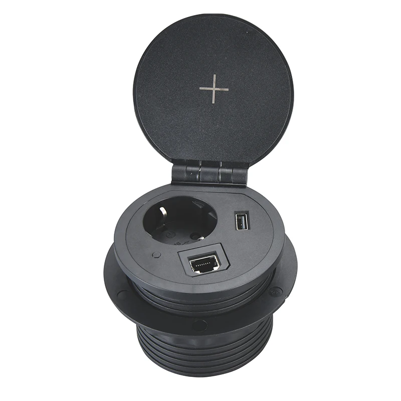 Customized Smart round Power Grommet Outlet 10A Rated with USBA+USB-C RJ45 NFC Network Built-in Desktop Power Socket