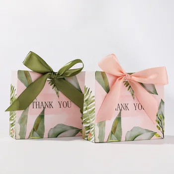 Custom golden foil stamped logo printed small pink wedding flavors candy paper bags packaging with ribbon bow tie