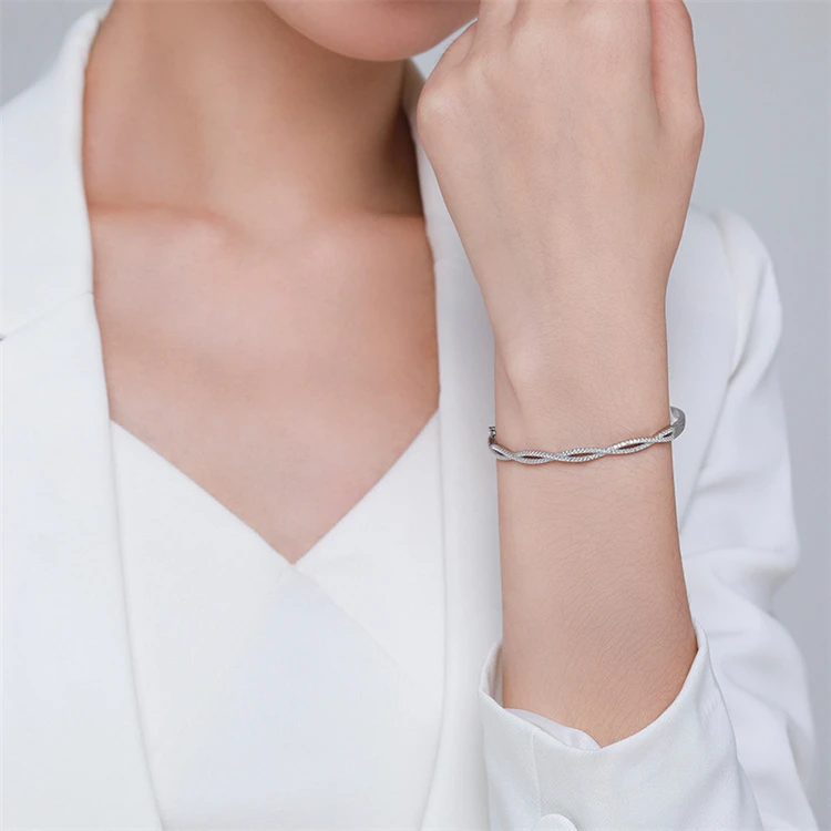 Korean Luxury Cross Wave Cuff Bracelet Bangle 925 Sterling Silver
