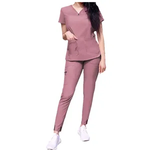 Plus Size Solid Stretch Woven Scrub Set V Neck Uniforms Anti Wrinkle Water Resist Soft Fabric Womens Nursing Scrub