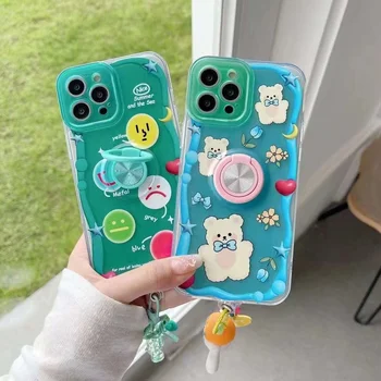 Popular soft phone case with ring holder for iphone 15 pro max kickstand cellphone cover protector with cute pendant estuches