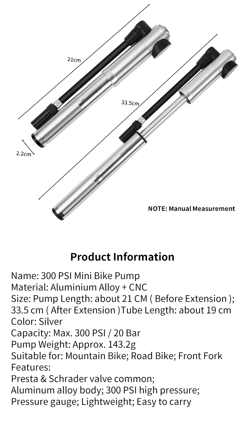 High Air Pressure Hose Air Pump Bike Aluminum Bicycle Inflator 300psi