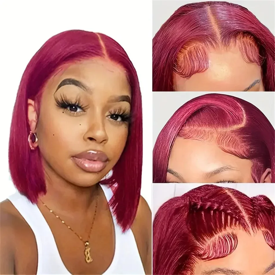 Perucă 99J Bob, perucă pentru femei, păr uman drept, 13X4, dantelă braziliană Remy, densitate 210%_voghion.com