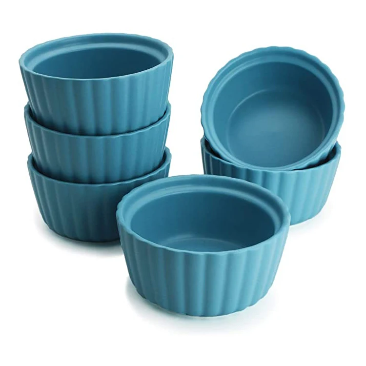 Round Shape Porcelain Embossed Ramekins for Baking 4 Oz Turquoise Ceramic Creme Brulee Souffle Dishes Stoneware Color Glazed