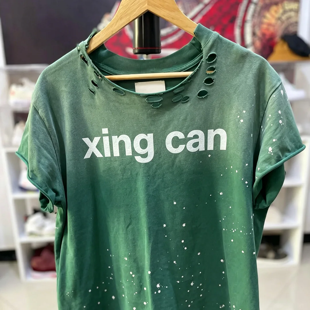 T-shirt dla mężczyzn w stylu wasteland z ciężkiej bawełny, przepłukany, retro wyblakły, ręcznie rozdarty, zniszczony, oversize, możliwość personalizacji