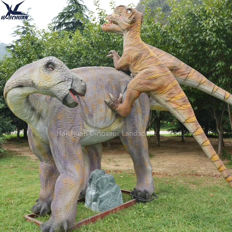 Vente chaude Deinonychus animatronique à l'échelle complète attaquant l'Iguanodon Dinosaur pour parc d'aventures jurassique décoration intérieure et extérieure