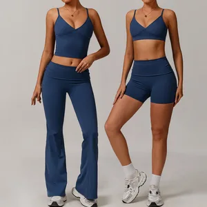 BNICE 8998 Custom Logo Women Yoga Wears Two Pieces Set Sports Bra Vest Gym Shorts Yoga Leggings Flare Pants Wholesale Activewear