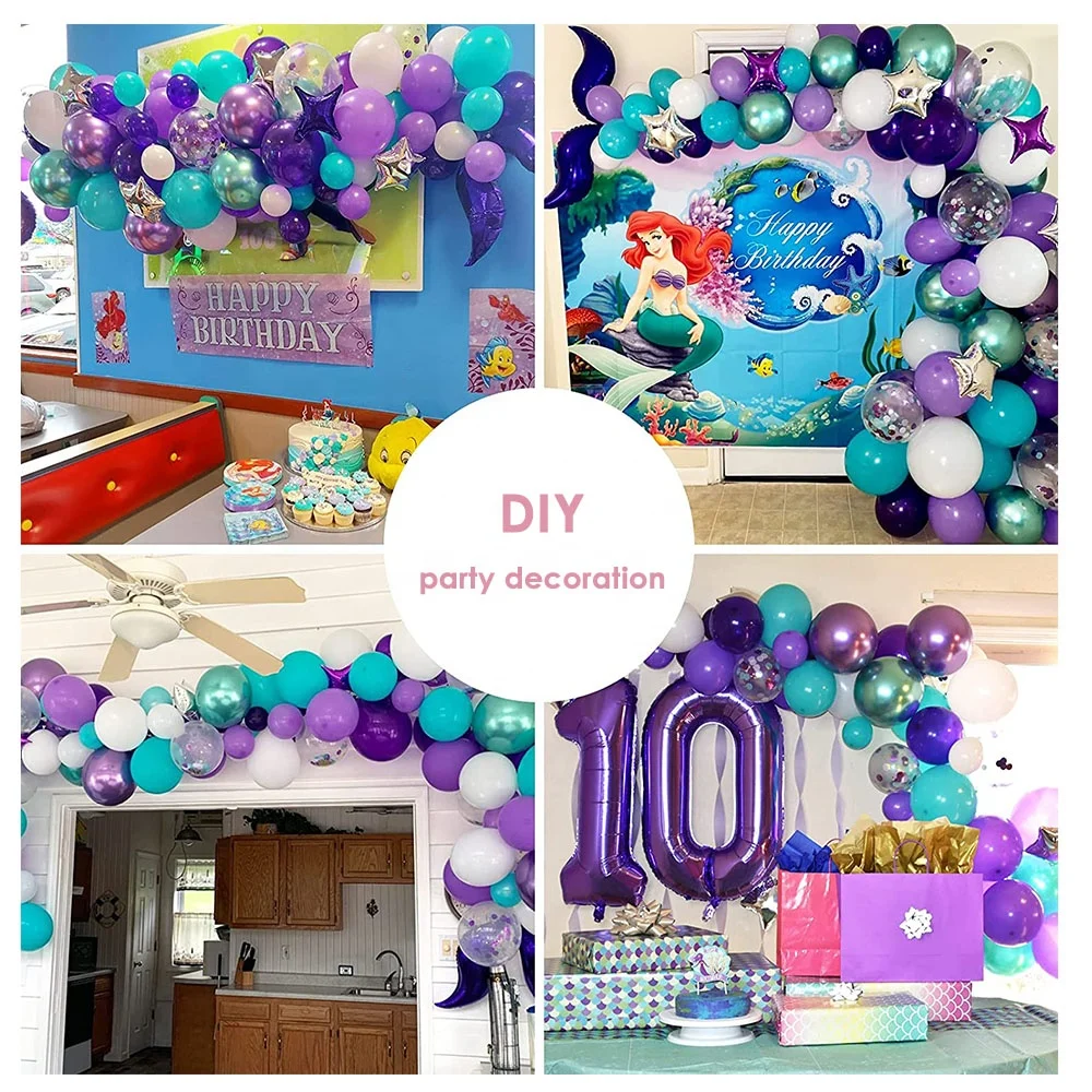 Birthday Theme Party Decor Supplies Decorations Purple Blue Latex and Silver Mermaid Tail Foil Balloon Arch Garland Kits Set