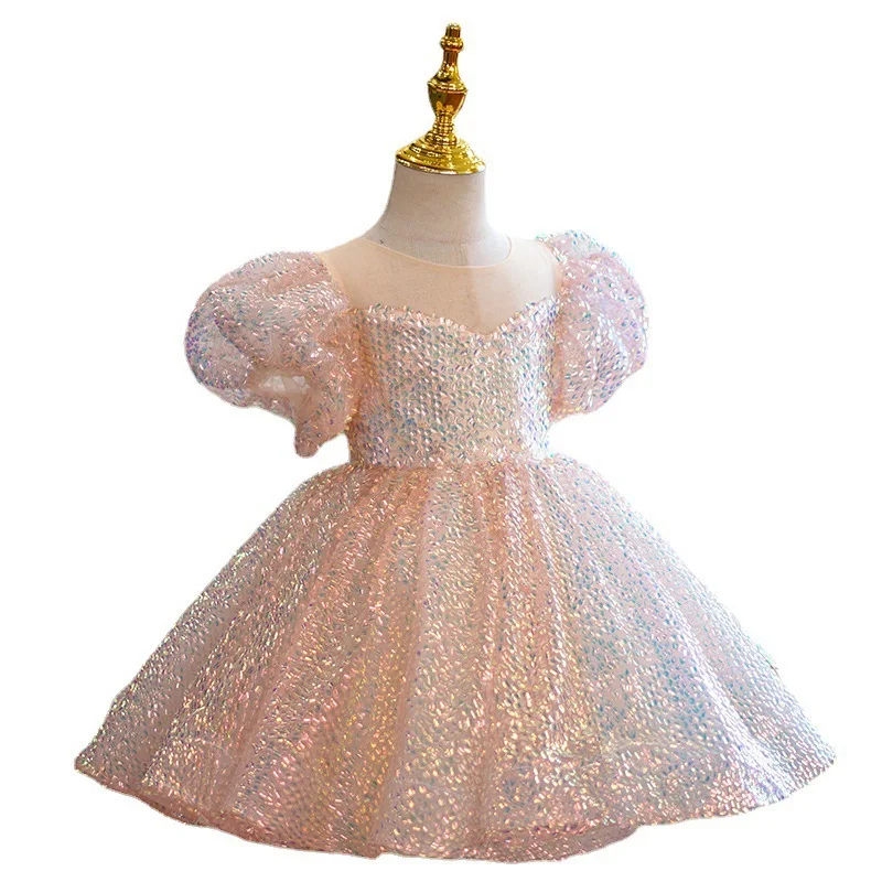 RTS Infant Clothing Birthday Pageant Party Diamond Formal Lace Baby Dress  Flower Girl Dress With Big Bow Kids Summer Clothing