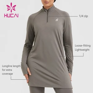 HUCAI Custom logo Womens Longline Long Sleeves Loose Quarter Zip Modest Activewear Sports Islamic Gym Wear Workout Top