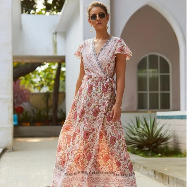 Summer Fashion Casual Dress Floral Print Wrap V Neck Short Sleeve Slit Beach Party Maxi Dress Women's