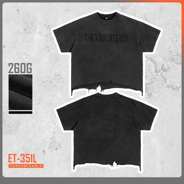 Vintage Distressed Embroidery T-Shirts 100% Cotton 260Gsm Heavyweight Irregular Hem Streetwear Oversized Boxy Fit Tshirt for Men