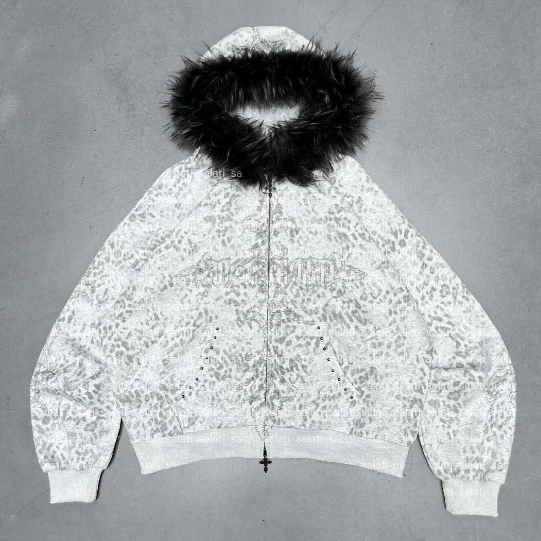 Salati Manufacturer Custom Huddies French Terry Diamond Leopard Printed Rivet Studded Faux Fur Zip up Rhinestone Hoodies for Men gallery 8