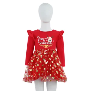 Customizable Children's Spring Autumn Style Girls Christmas Letter Pattern Long-sleeved Polka Dot Dress