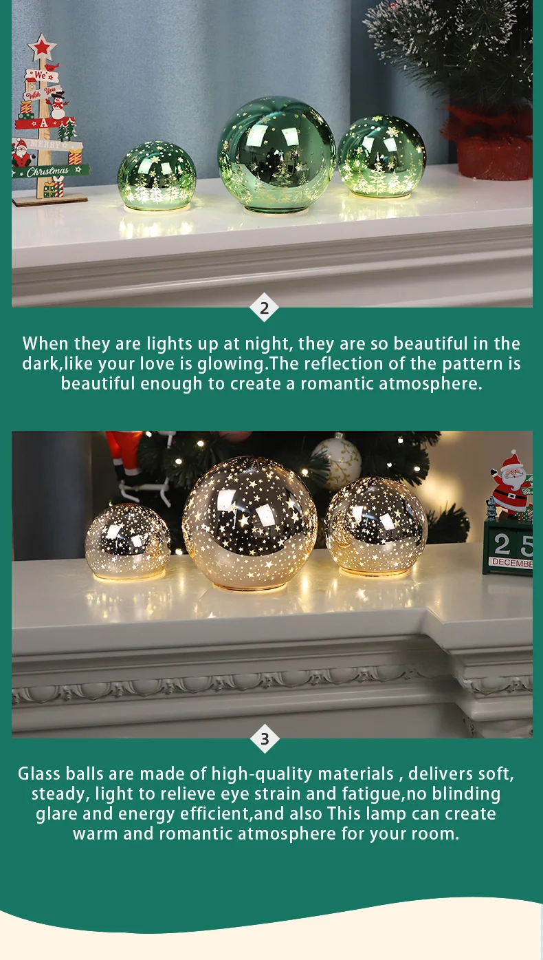 Factory wholesale battery operated laser engraving led glass Christmas ball ornaments crafts supplier