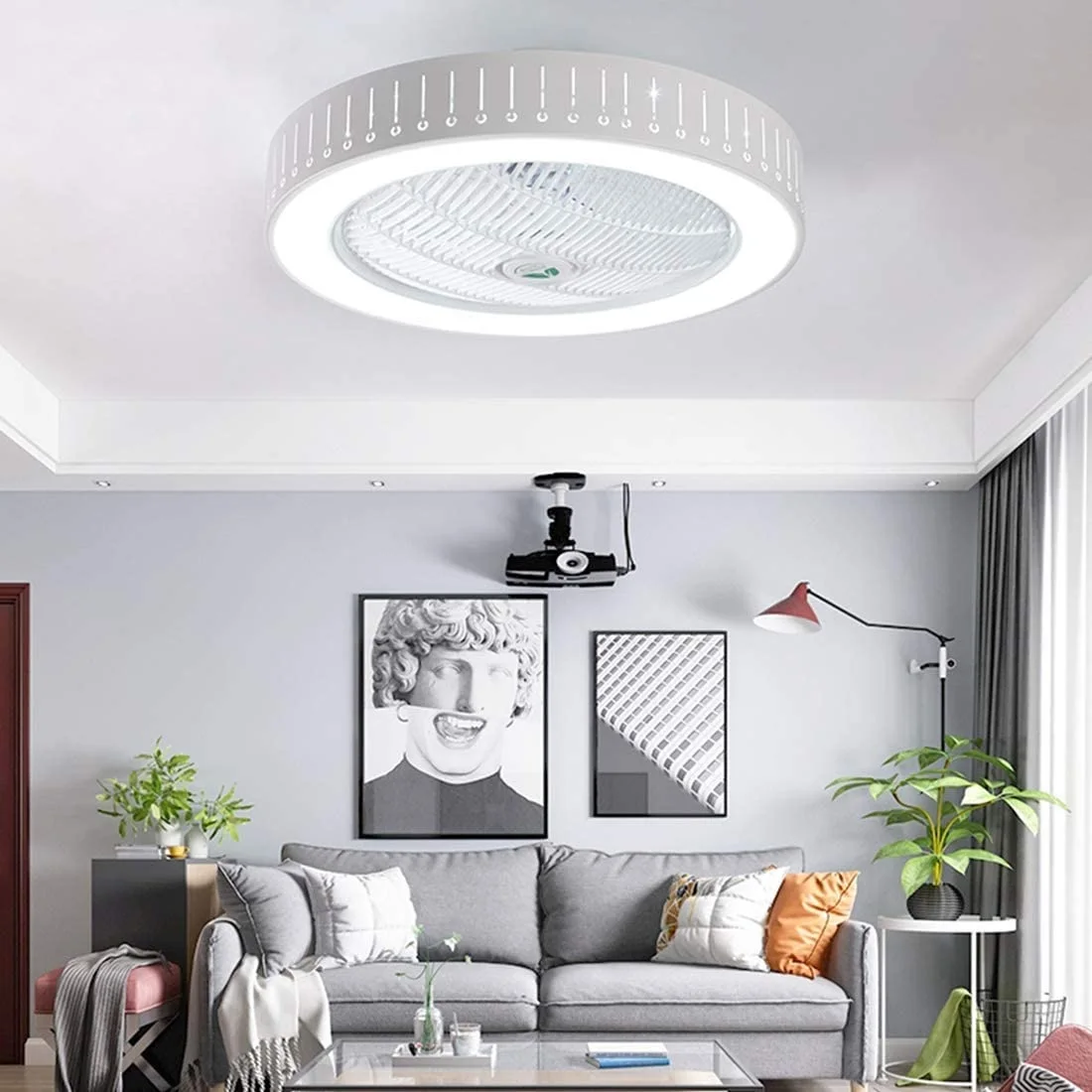 Ceiling Fan  with Lights and Remote Control with 7 Acrylic Blades Invisible Ceiling Fans for Living Room