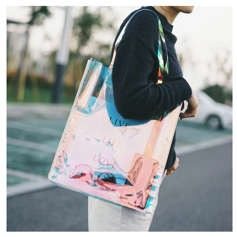 Hot Selling Transparent Holographic Tote Shopping Bag Laser Shoulder Bag  PVC Tote Bag With Logos