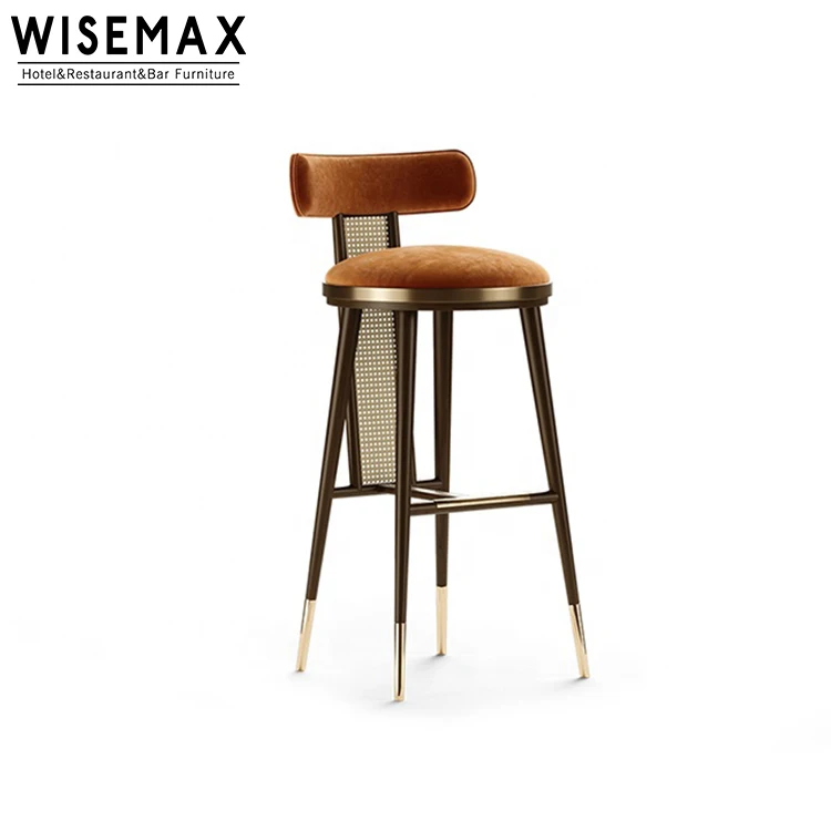 WISEMAX FURNITURE Light Luxury Beautiful Design Solid Wooden Leg with Golden Circle Velvet Upholstery Rattan bar Counter Stool