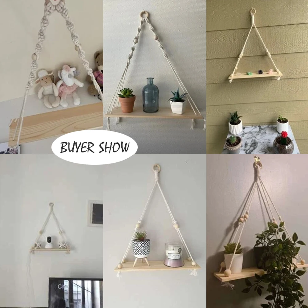 Artilady  3 Tier Layer Macrame Wood Wall Hanging Shelves Plant Decor Boho Floating Shelf for Bathroom