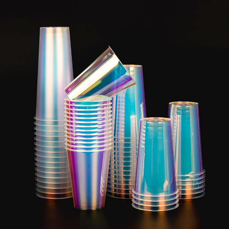 LOKYO Popular 700ml 500ml Colorful Boba Milk Tea Cup Holographic Disposable Plastic Cups with Lids and logo