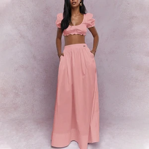 Elegant Women's Two-Piece Dress Set Crop Top with Short Sleeve Deep O Neckline Solid Pattern Maxi Dress for Casual Summer Style