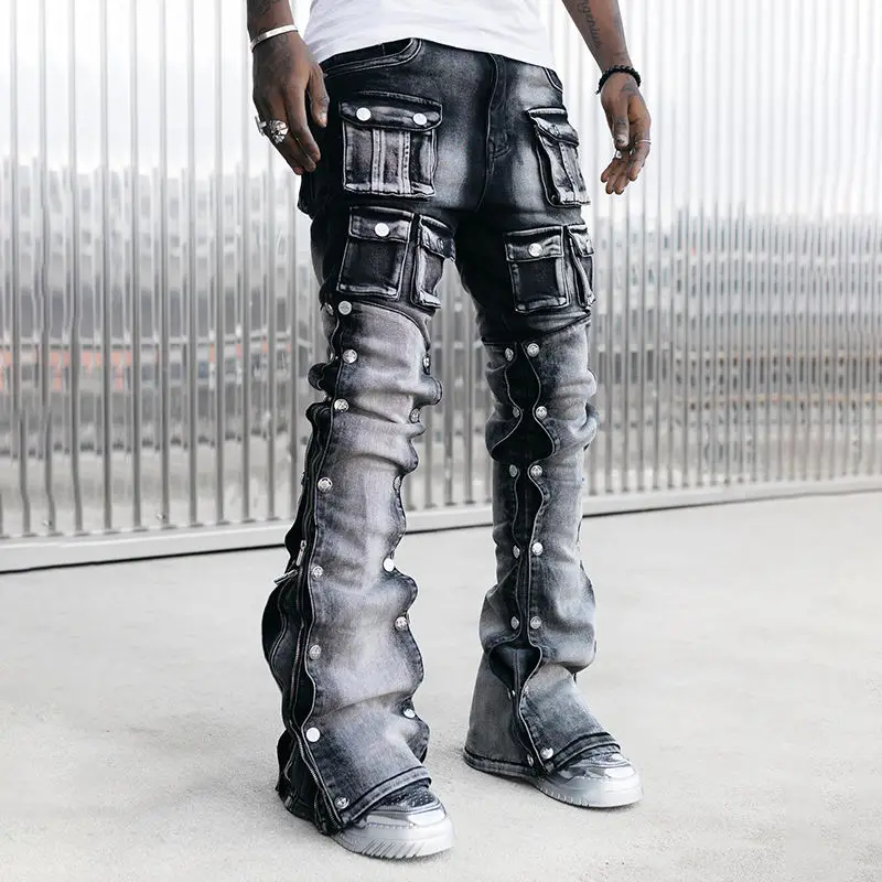 Salati Custom New Sun Faded Stone Acid Wash Boot Cut Carpenter Skinny Distressed Man Cargo Denim Pant Trousers Stacked Men Jeans gallery 10