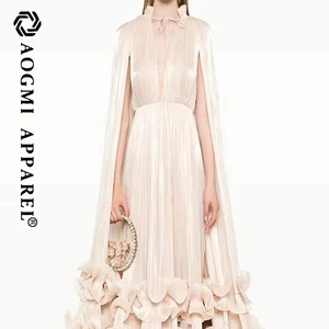 Haute Couture Luxury Fashion Ladies Maxi A-Line Organza Eco-Friendly Cowl Neck Side Frill Oversized Loose Dress