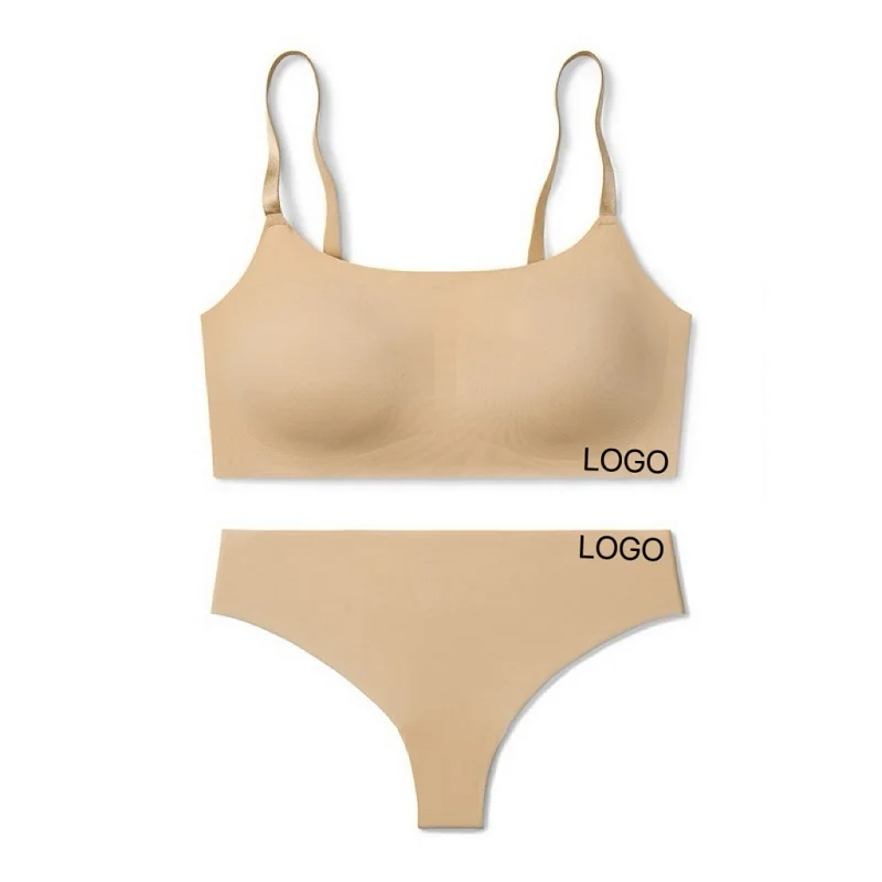 Brand Custom Seamless Underwear Set Comfortable Soft Support Bra Without Underwire Wireless Soft Thin Bra Thong Set