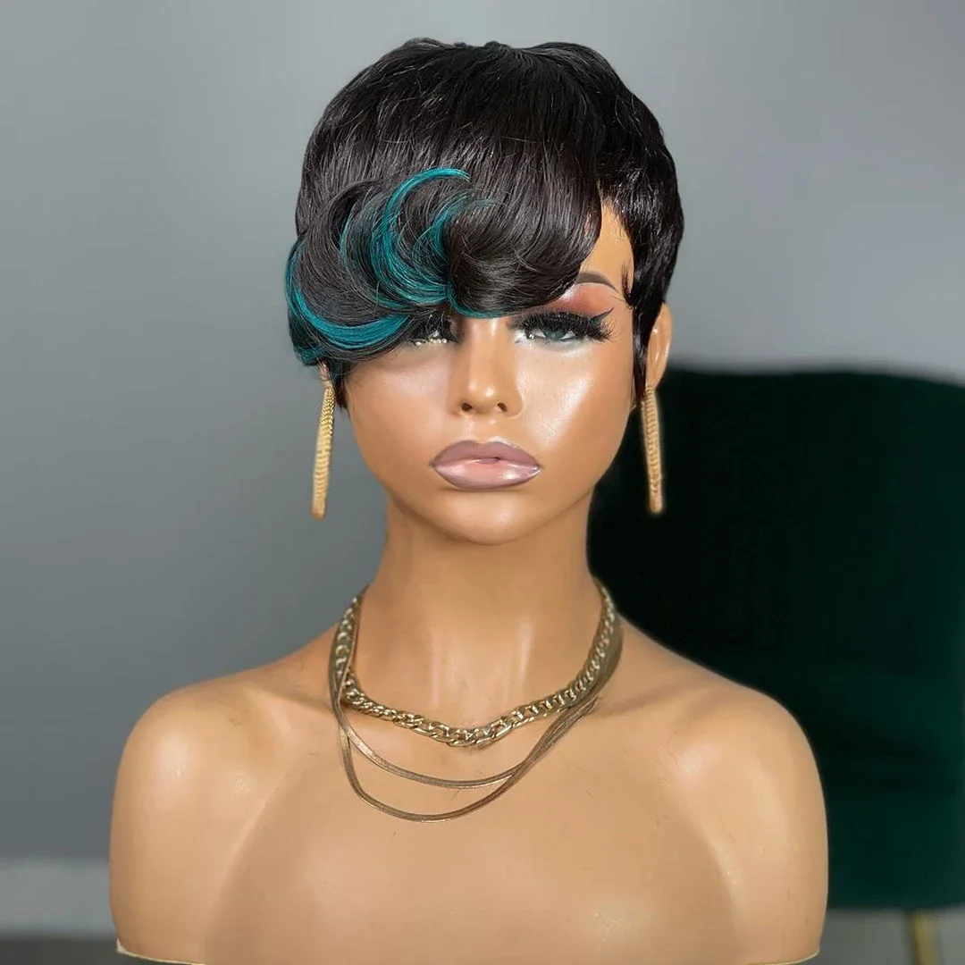 Short Pixie Cut Human Hair Highlight Blonde Green Bob Wigs 613 Burgundy 99J Brown Lace Front Machine Wig_voghion.com