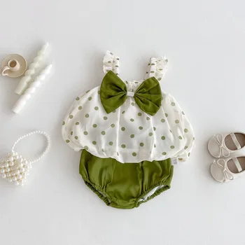 2025 New Fashion Summer Outfit for Baby Girls Cute Bow Polka Dot Camisole Top + Floral Pants Two-Piece Knee-Length Ruffles Sweet