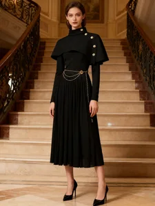 Bettergirl Ramadan French Elegant Slim Black Long Dress 2026 Spring New Pleated Casual Banquet Dress