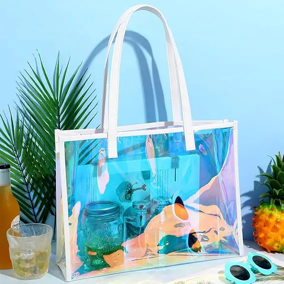 Portable Holographic Clear Tote Bag with Leather Handle Iridescent Bachelorette Beach Bag for Work Stadium Travel details