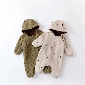Newborn Autumn Warm Baby Hooded Jumpsuit Infant Cartoon Printed Long Sleeve Rompers Baby Hooded