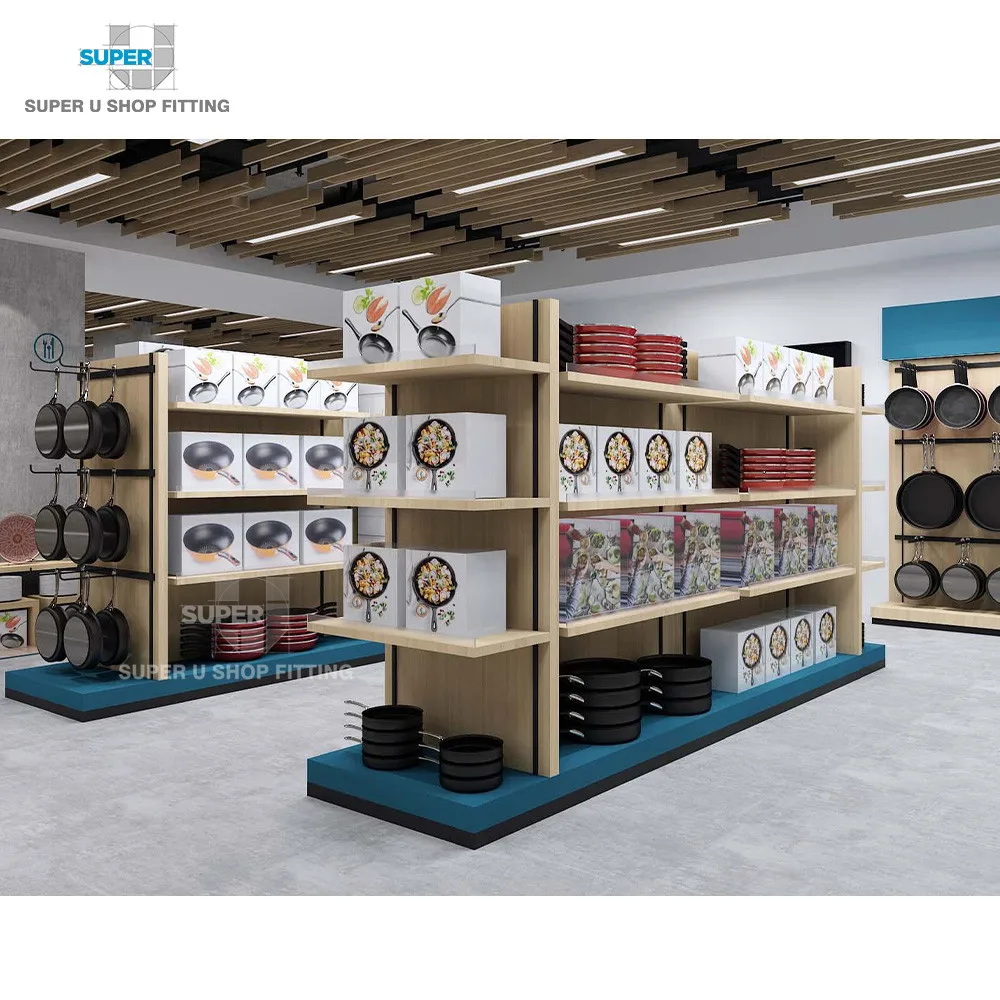 Modern Custom Wood Cookware Department Store Fixtures Hot Fashion Unique Housewares Shop Interior Design for Kitchenware