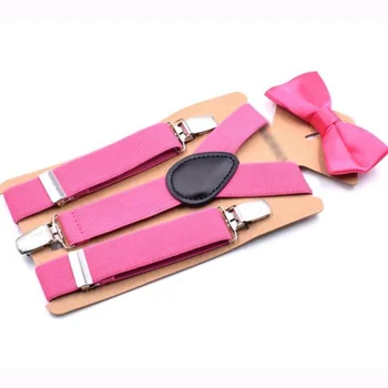 cheap pure pink color 3 clips kids children suspender and bow tie set for wedding party