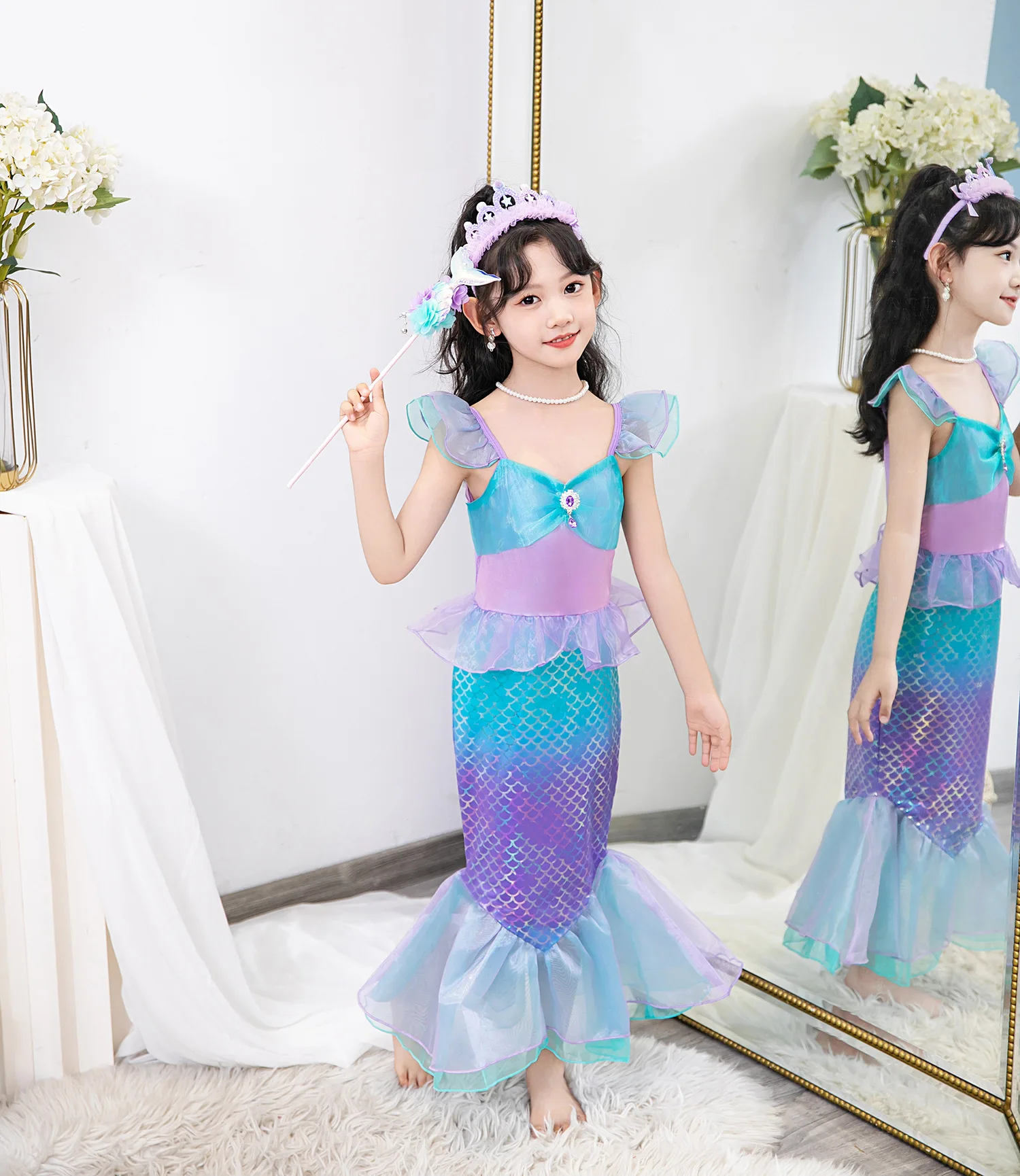 fitted lace wedding dress Sparkly Mermaid in Purple and Teal, Girl's, Size: Small 3/4