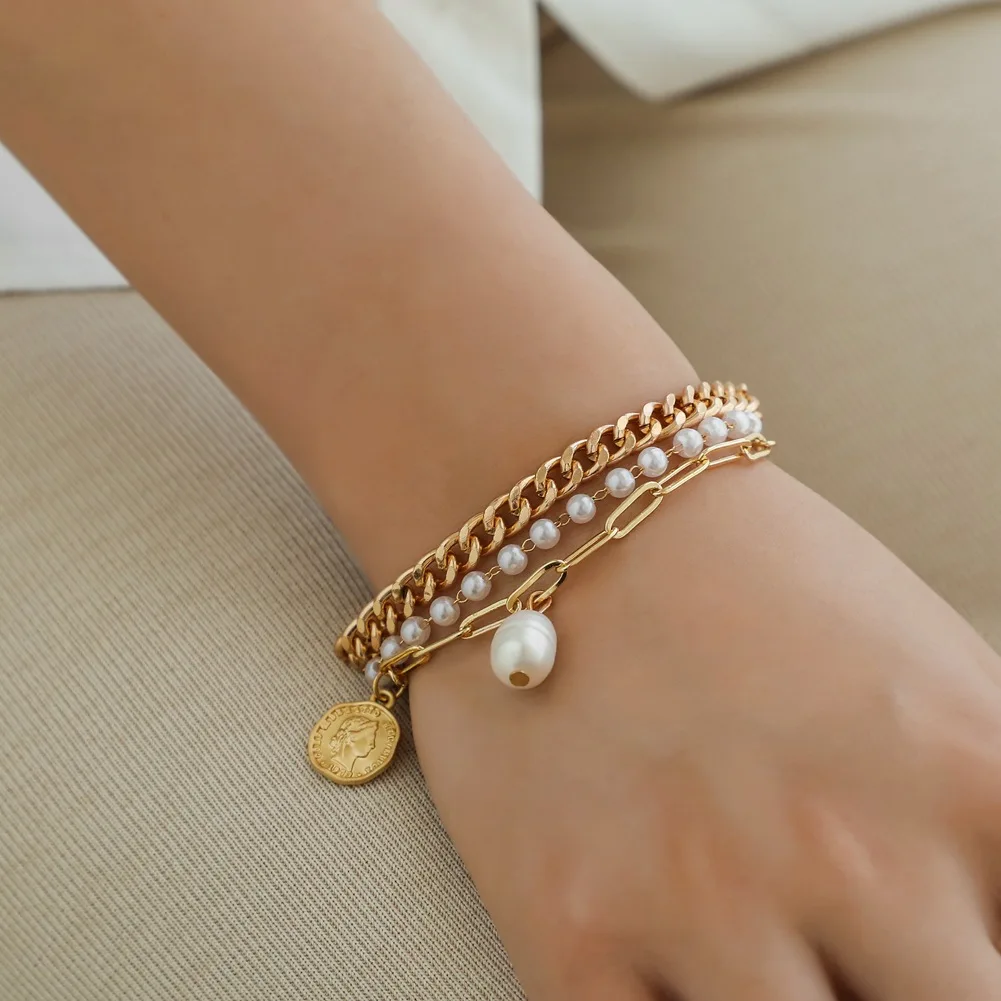 New Bohemia Round Imitation Pearl Coin Pendant Bracelet Bangle Women Punk Carved Coin Letter Thick Chain Bracelets New Year Gift