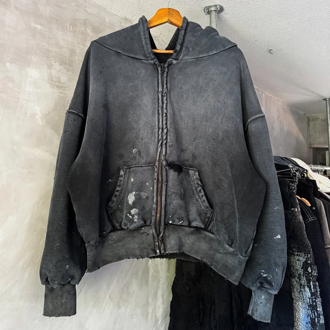 Přizpůsobitelná streetwearová vintageová hoodií s kyselinovým praním a zipem, silně poškozená, se štěpenými a roztrhanými okraji, převelký střih, módní značka pro muže s kapucí