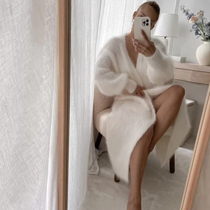 Women's Elegant White Long Knitted Cardigan Coat Soft Rabbit Fur Loose 'Lazy' Style Waterproof New for Autumn/Winter Collection