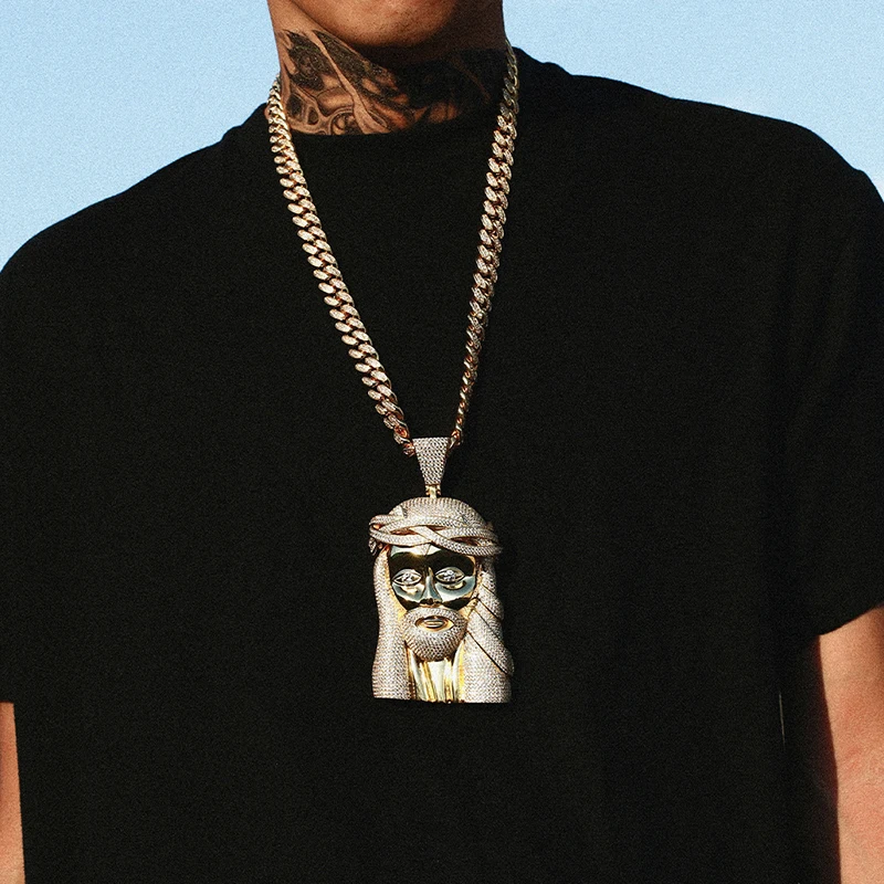 Iced Silver Large Jesus Head Pendant & 8mm 10mm 24 30 36 Rope Chain Necklace