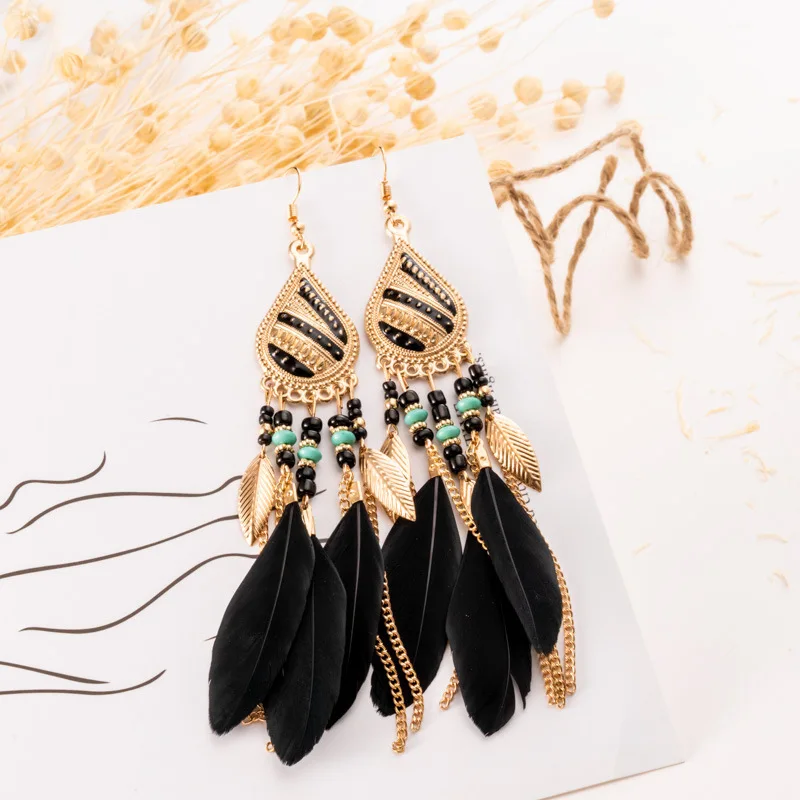 Ethnic Boho Style Colorful Drop Long Real Feather Pendant Bohemian Earrings Jewelry for Women