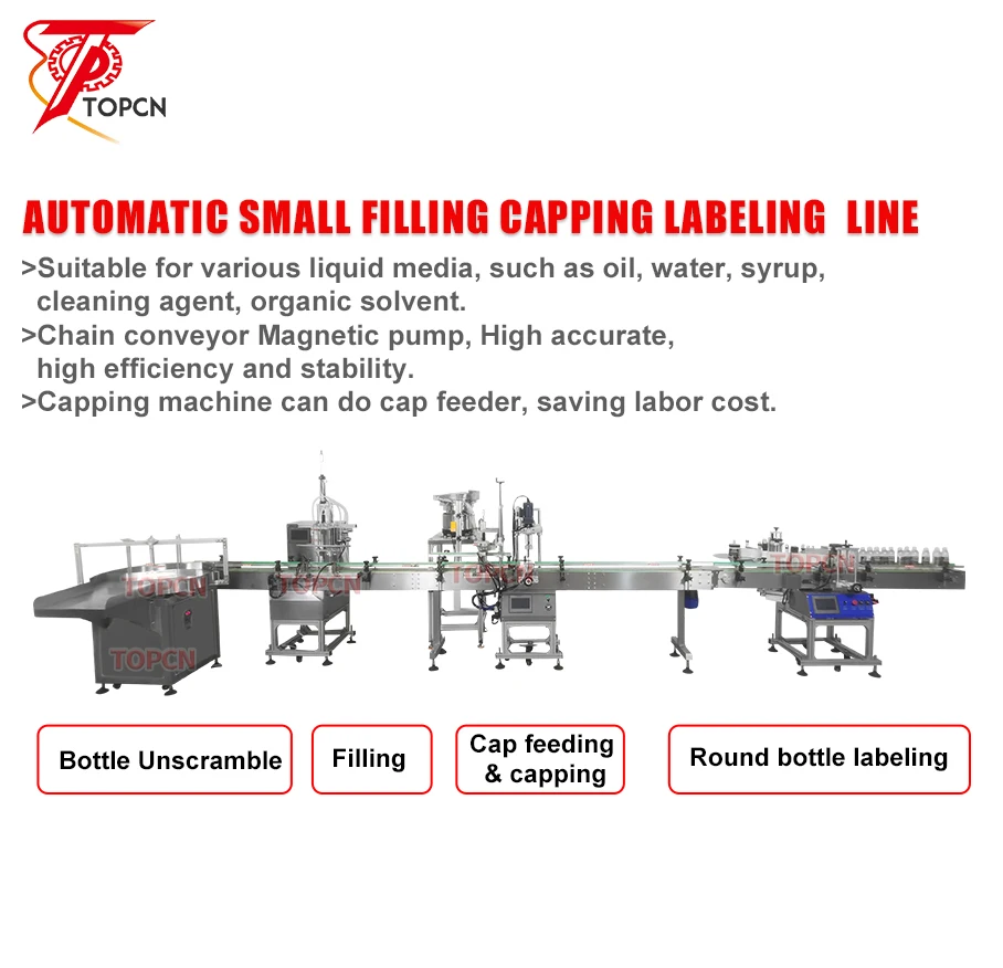 Good Price Automatic Small Scale Ink Liquor Milk Tea Wine Drops PET Bottle Liquid Filling Capping Double Side Labeling Machine