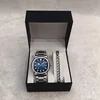 Reloj azul plateado + pulsera plateada + caja