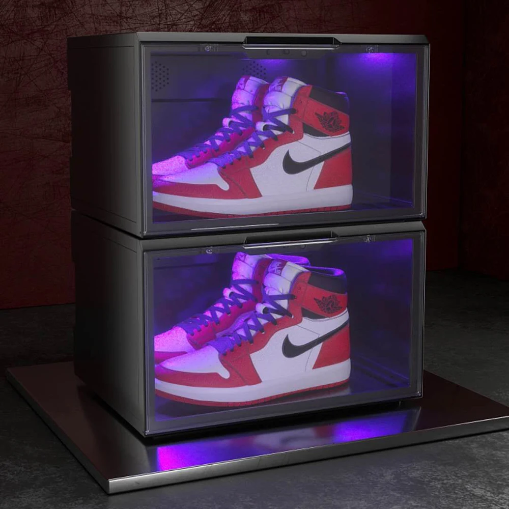 Voice Control Stackable Sneaker Storage Led Box Side Open Transparent Plastic Magnetic  clear Shoe Box with Led Light