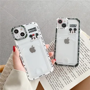 Mickey and Minnie Clear Card Bag Phone Case for iPhone 13 13 Pro 11 Pro Max 12 Xs Max Xr 7 8 Plus Soft Couple Case